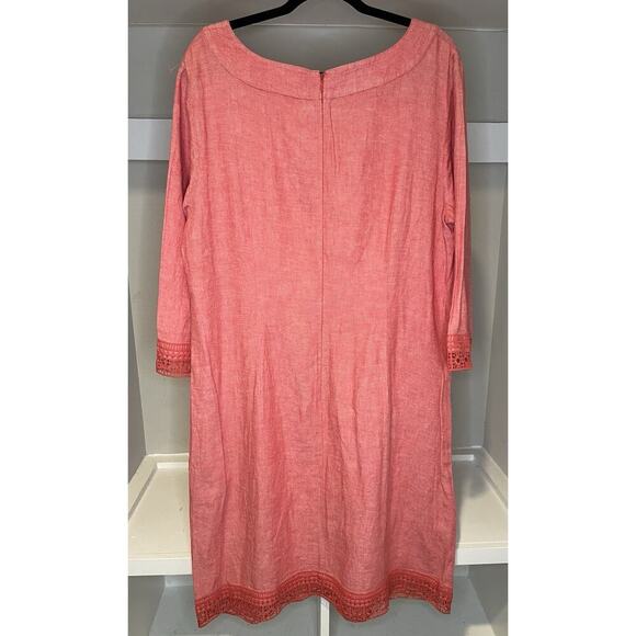 Talbots Women’s Linen Blend Tunic Dress 16W Pink 3/4 Sleeve Crochet Trim - Picture 3 of 9